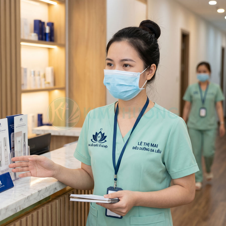 Điều dưỡng da liễu tư vấn sản phẩm chăm sóc da tại quầy phòng khám hiện đại